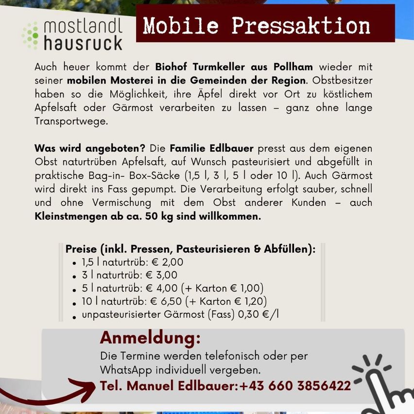 Plakat, das einen mobilen Pressdienst für Äpfel und Apfelsaft anbietet, der eine direkte Verarbeitung von Äpfeln zu Saft oder Cider vor Ort ermöglicht, mit aufgelisteten Preisen und Kontaktinformationen.