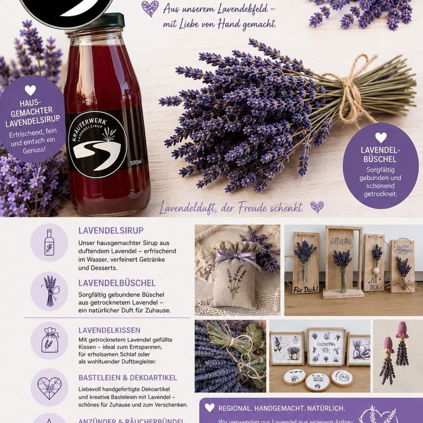 A poster advertising homemade lavender products, including syrup, bundles, and sachets, with a bottle of lavender syrup prominently displayed.