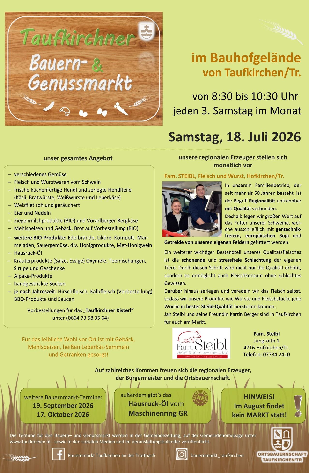 Poster advertising a local farm's market event on Saturday, July 18, 2026, from 8:30 to 10:30 AM. It lists various products like fresh vegetables, meats, sausages, and dairy products. The farm emphasizes its commitment to regionality and quality.