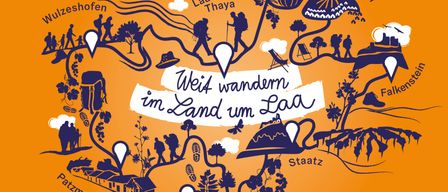 Eine Karte mit Wanderwegen in einer Landschaft mit Orten wie Wulzeshofen, Wildendurnbach, Laa und Patzmannsdorf. Der Titel lautet 'Weit wandern im Land um Laa'.