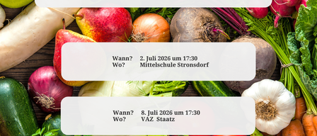 Ein Sommerkochkurs mit Julia Geisler-Katzmann. Termine: 2. Juli um 17:30 Uhr an der Mittelschule, 8. Juli um 17:30 Uhr in VAZ Staatz. Kontakt: klar@kem-landumlaa.at, 0670/5532199. Eigenkostenbeitrag von 20€ erforderlich.