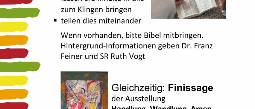 Plakat für eine Bibelgespräch zum Thema 'Jesus auf dem Kreuz'. Teilnehmer bringen bei Bedarf Bibeln mit. Gleichzeitig findet eine Kunstausstellung 'Finishing Touch' von Josef Scheer statt. Treffen am Mittwoch, 15. Oktober 2025, um 19 Uhr in der KPZ Heiligkreuz.