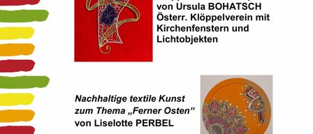 Plakat für eine Ausstellung mit Textilkunst von Ursula Bohatsch und Lislotte Perbel. Es erwähnt eine Eröffnungsveranstaltung am 16. Januar 2026 um 19:30 im KPZ Heiligenkreuz. Ausstellung läuft vom 16. Januar bis 4. Februar 2026.