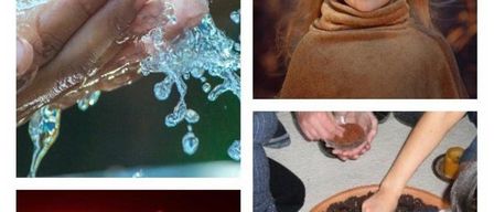 A collage of four images: hands washing, a girl with static hair, a solar eclipse, and people planting seeds.