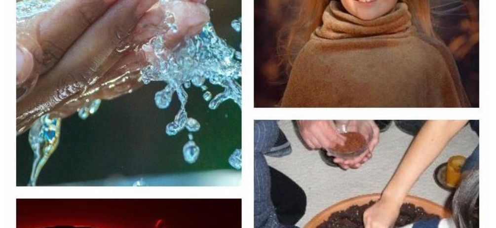 Eine Collage aus vier Bildern: Hände waschen, ein Mädchen mit statischen Haaren, eine Sonnenfinsternis und Menschen, die Samen pflanzen.