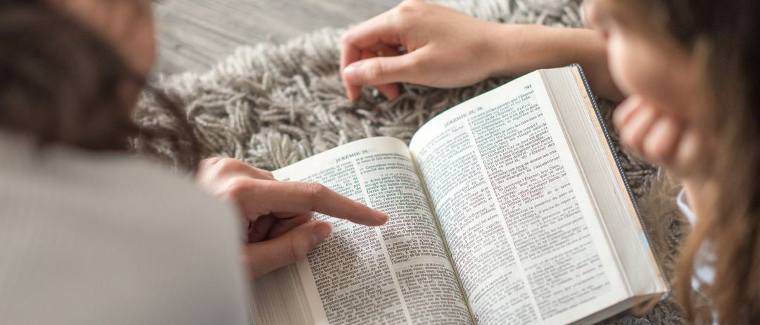 Zwei Personen lesen gemeinsam ein Buch, eine zeigt auf eine Seite, während die andere zusieht. Das Buch ist geöffnet und zeigt Text und ein Bild. Sie sitzen auf einem Teppichboden.