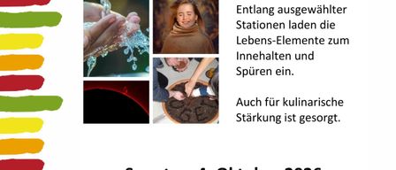 Eröffnungsfeier und Segen des Weges der heilsamen Lebens-Elemente am Sonntag, 4. Oktober 2026, von 14:00 bis 18:00 Uhr am KPZ Heiligenkreuz am Waasen. Alle sind willkommen.