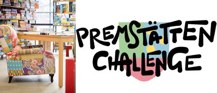 Eine Bibliothek mit Regalen voller Bücher und Spiele, einem Holztisch und bunten Stühlen. Das Wort 'PREMST CHALLI' in fetten schwarzen Buchstaben.