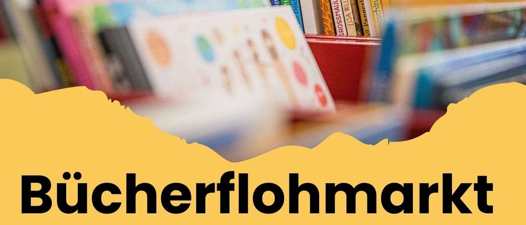 Plakat für einen Bücherflohmarkt mit Büchern im Hintergrund. Termine: Donnerstag, 20.11.2025 von 14 - 18 Uhr, Freitag, 21.11.2025 von 13 - 17 Uhr. Ort: Im Foyer vor der Bibliothek.