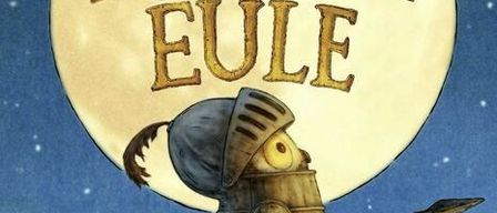 A book cover features a knight owl with a spear and a helmet under a moon. Above it, a bat flies. Below, a castle is visible.
