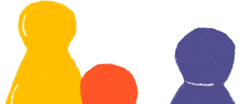Drei farbenfrohe, abstrakte menschliche Figuren stehen nebeneinander. Die linke Figur ist gelb, die mittlere orange und die rechte blau. Die blaue Figur hat einen weißen Kragen.