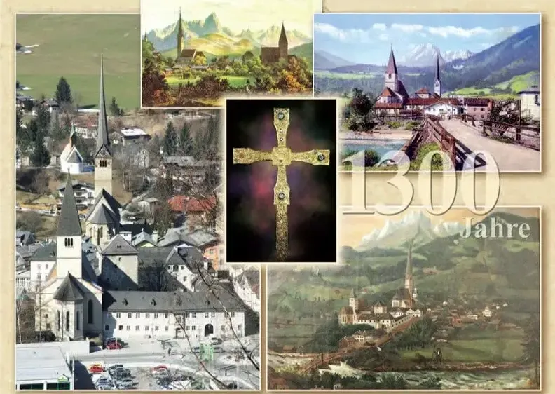 Eine Collage aus vier Bildern. Das erste Bild ist eine Landschaft mit einer Kirche im Hintergrund. Das zweite ist eine Kirche mit einem Kreuz im Vordergrund. Das dritte ist eine Brücke mit einer Kirche im Hintergrund. Das vierte ist eine Kirche mit Bergen im Hintergrund. Die Nummer 1300 befindet sich auf der rechten Seite der Collage.