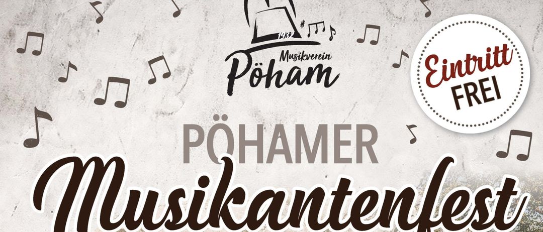 Ein Plakat für das Pohamer Musikantenfest mit einer Gruppe von Musikern in grünen und roten Uniformen vor einer Bergkette. Datum: 27. Juli 2025.