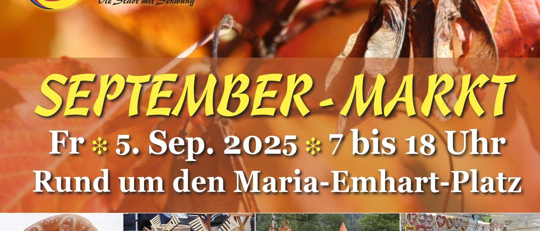 Ein Plakat für den Septembermarkt in Bischofshofen mit herbstlichem Hintergrund, verschiedenen Bildern wie Brezel, Windmühlen und einer Hüpfburg und den Daten 5. September 2025 von 7 bis 18 Uhr.