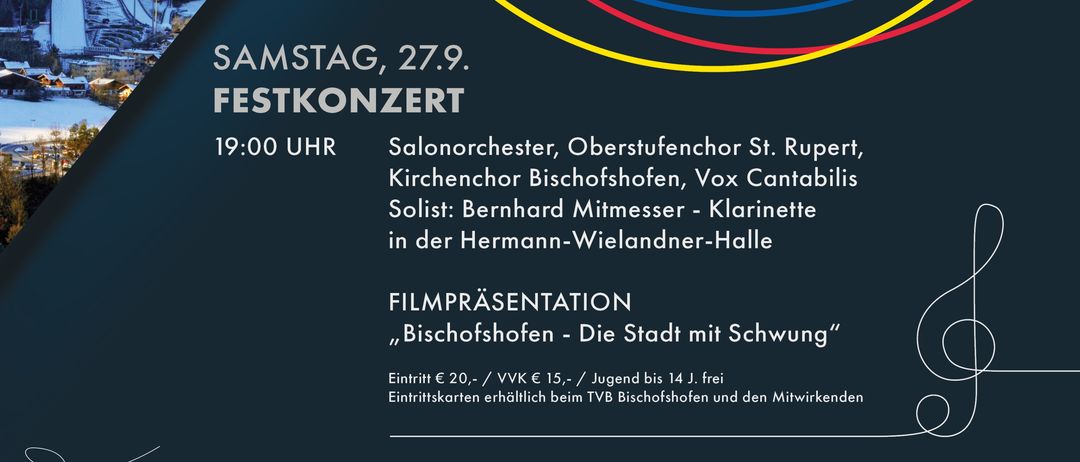 Veranstaltungsplakat für die Stadterhebung Bischofshofen 2000-2025. Beinhaltet Details für ein Festkonzert am Samstag, 27. September, um 19 Uhr, mit Bernhard Mittesser auf der Klarinette. Erwähnt auch eine Filmpräsentation mit dem Titel 'Bischofshofen - Die Stadt mit Schwung'. Eintrittspreise und kostenloser Eintritt für Kinder sind aufgeführt.