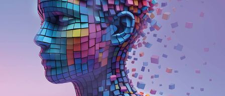 Eine farbenfrohe 3D-Illustration eines menschlichen Kopfes aus Würfeln. Der Titel 'KI-Einführung I: KI verstehen - Grundlagen' ist in weißem Text angezeigt. Das Bild hat einen blauen und lila Hintergrund.