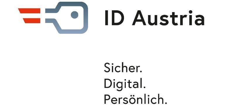 Das ID Austria Logo zeigt ein Schlüsselsymbol mit einem roten und orangefarbenen Pfeil und dem Text 'ID Austria' in Schwarz, gefolgt von den Worten 'Sicher. Digital. Persönlich.' in Fettdruck.
