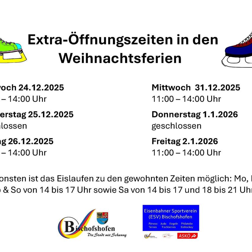 Plakat mit zusätzlichen Öffnungszeiten in den Weihnachtsferien. Geschlossen an bestimmten Tagen. Reguläre Öffnungszeiten von Montag bis Sonntag.