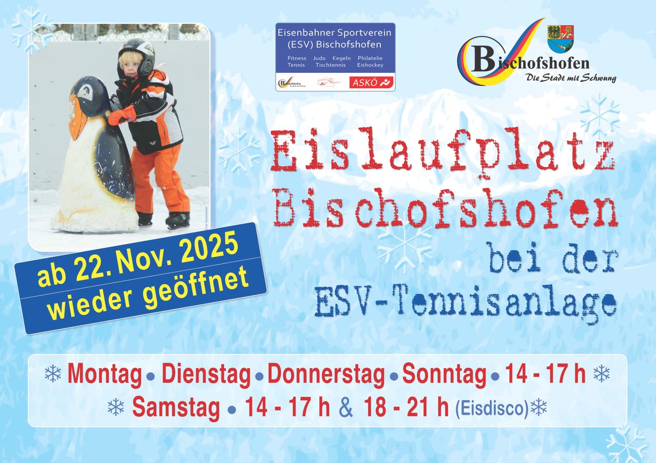 Plakat zur Eröffnung der Eislaufbahn am 2. November 2025. Zeigt ein Kind in Winterkleidung und eine Eisbahn. Öffnungszeiten sind aufgeführt.