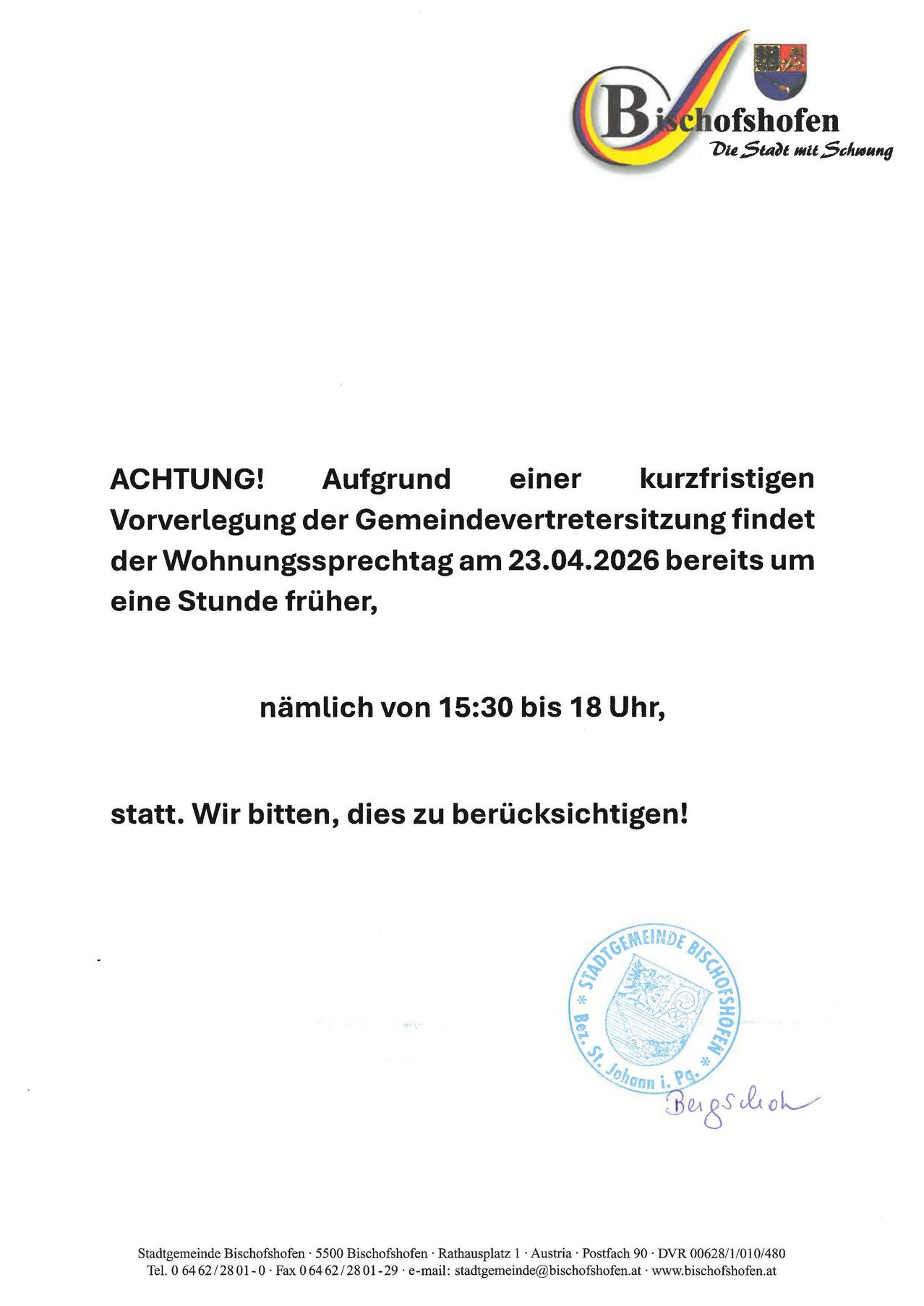 ACHTUNG! Aufgrund eines kurzfristigen Terminkonflikts des Gemeindevertreters beginnt die Wohnungsbesprechung am 23.04.2026 bereits um eine Stunde früher, nämlich von 15:30 bis 18 Uhr, statt. Wir bitten, dies zu berücksichtigen!