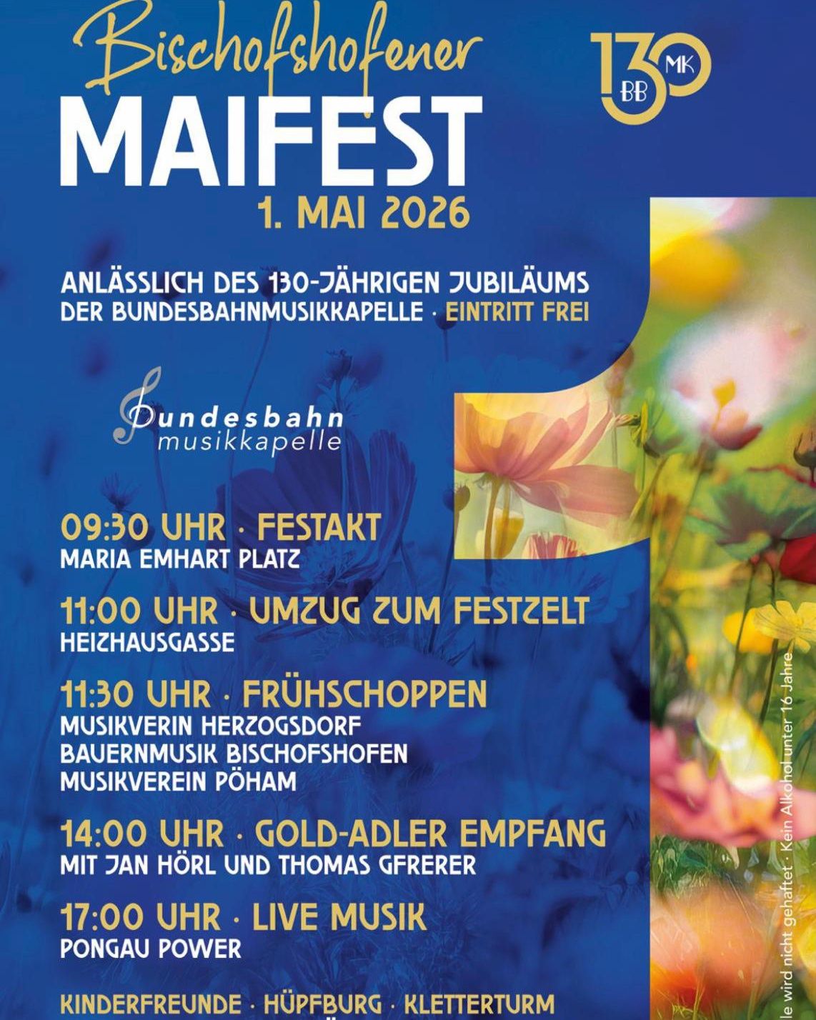 Ein Plakat für das Maifest am 1. Mai 2026 zum 130-jährigen Jubilar der Bundesbahnmusikkapelle. Der Eintritt ist frei. Veranstaltungen umfassen ein Fest auf dem Maria Emhart Platz, Umzug zum Festzelt in die Heihausgasse und Auftritte von Musikvereinen aus Herzogsdorf und Pöham. Gold-Adler-Empfang mit Jan Hörl und Thomas Grerer sowie Live-Musik ab 17 Uhr.