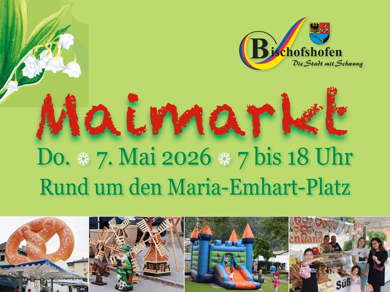 Plakat für Maimarkt, 7. Mai 2026. Veranstaltungen rund um den Maria-Emhart-Platz, 7 bis 18 Uhr. Fotos von Brezel, Windmühle, Hüpfburg und Leuten.