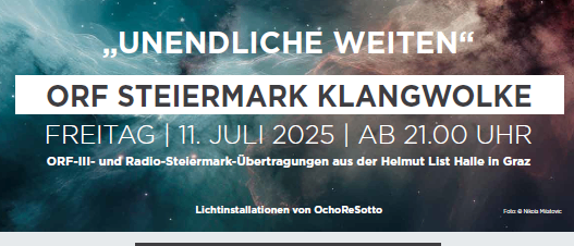 Plakat für das Styriarte Jugendorchester-Konzert, das einen Dirigenten zeigt, der das Orchester mit einem applaudierenden Publikum dirigiert. Geplant für den 11. Juli 2025 um 21 Uhr. Öffentliches Viewing im Cursaal St. Radegund ab 19:30 Uhr.
