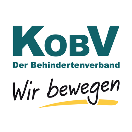 Logo des KobV, eines Behindertenverbandes, mit grünem Text und einem gelben Pfeil unter den Worten 'Wir bewegen'.