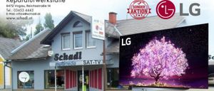Werbeanzeige für Aktionswoche von Schadl multimedia SAT-TV. Angebote umfassen LG 32-Zoll-Fernseher für 299 Euro, 43-Zoll für 399 Euro, 55-Zoll für 499 Euro und 65-Zoll für 599 Euro. Besuchen Sie Schadl für weitere Details.