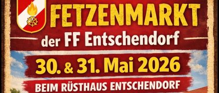 Ein Plakat für das FF Entschenkorf-Event am 30. und 31. Mai 2026. Es zeigt eine Marktszene mit Zelten, Leuten und einem Feuerwehrwagen. Das Event beginnt um 7:30 Uhr morgens.