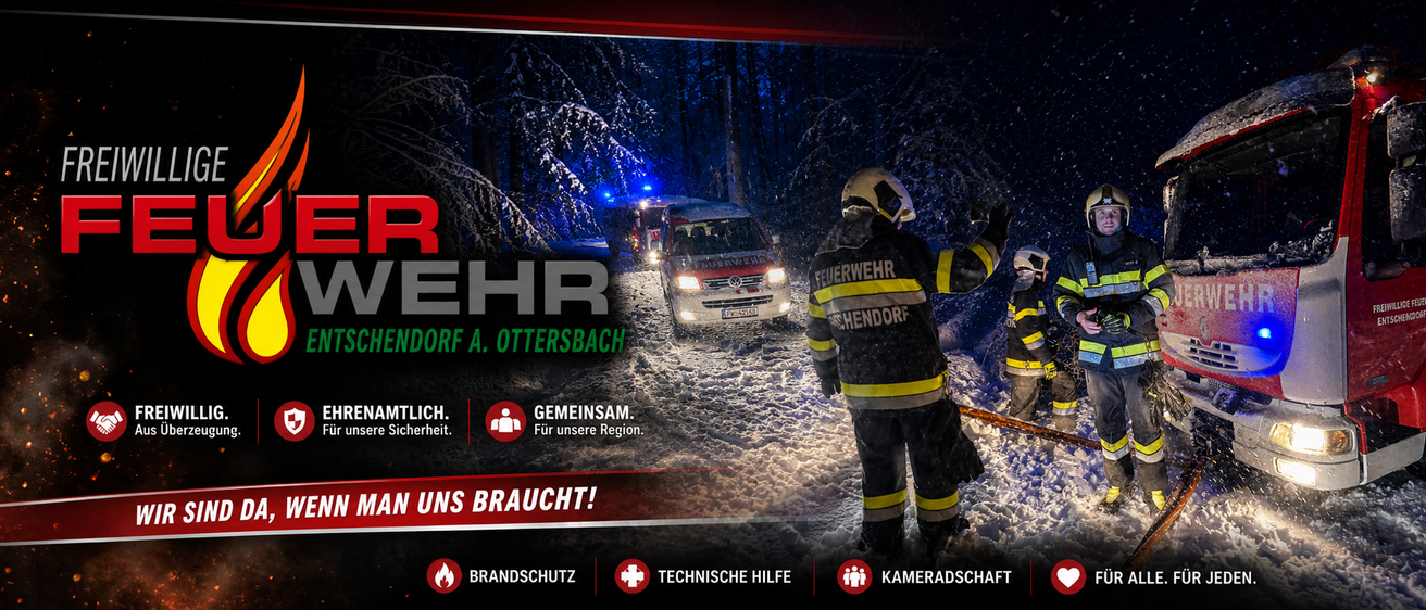 Ein Feuerwehrmann in Winterausrüstung dirigiert den Verkehr, während ein Feuerwehrwagen im Schnee geparkt ist. Das Schild sagt 'Gemeinsam für unsere Region'. Das Bild ist für die Gemeinde Ottenbach.