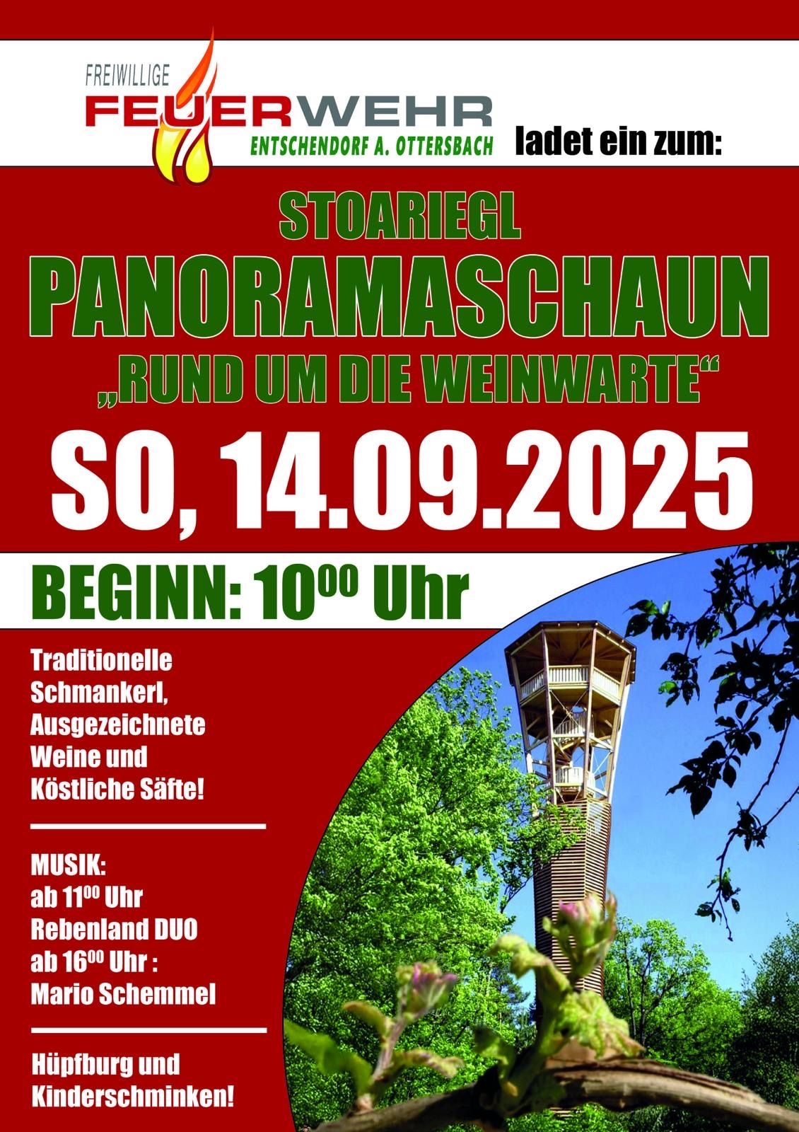 Plakat für Stoariego Panoramaschau am 14. September 2025. Beginn um 10 Uhr. Traditionelle Snacks, ausgewählte Weine und klösterliche Köstlichkeiten. Musik von Rebenland Duo um 11 Uhr und 16 Uhr.