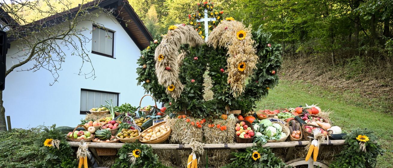 Bild enthält, Countryside, Nature, Outdoors, Straw, Wheel, Flower Arrangement, Flower Bouquet, Produce, Squash, Pumpkin