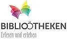 Das Bild zeigt das Logo für 'Bibliotheken' mit einem farbenfrohen Schmetterling über dem Text 'Erleben und erleben' auf weißem Hintergrund.