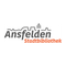 Logo für Ansfelden Stadtbibliothek mit einem stilisierten Gebäude und einem Buchsymbol in Grau und Rot.