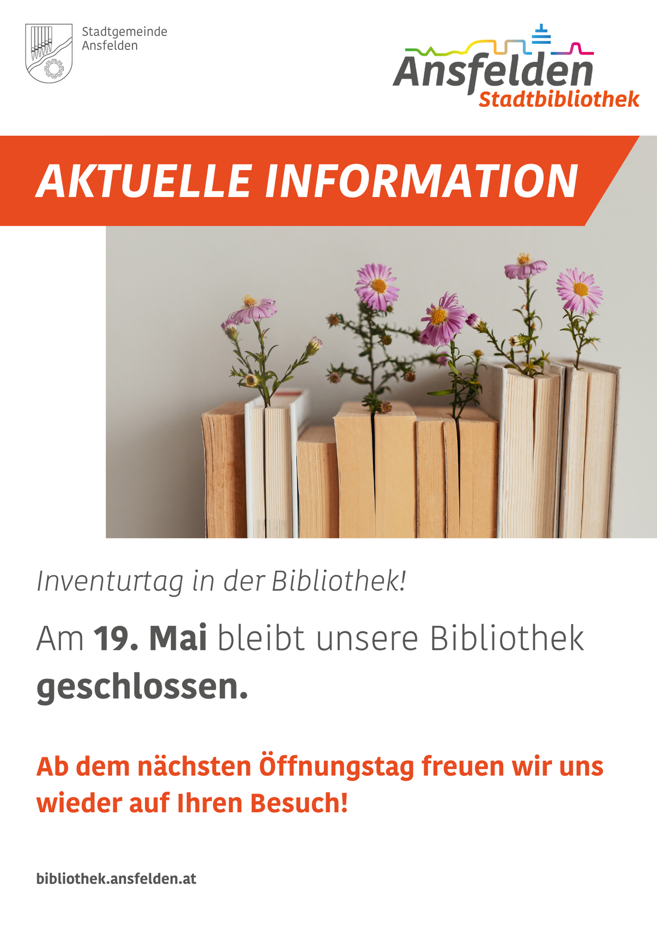 Inventurtag in der Bibliothek! Am 19. Mai bleibt unsere Bibliothek geschlossen. Wir freuen uns auf den nächsten Öffnungstag.