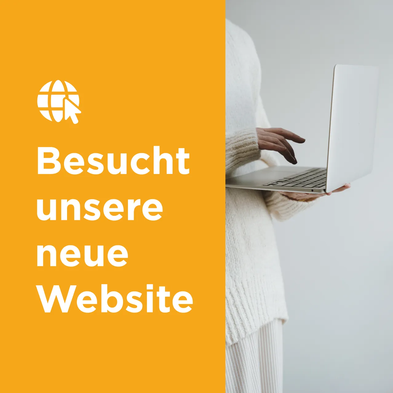 Eine Person, die einen Laptop mit einer Einladung zur Website auf einem orangefarbenen Hintergrund hält.