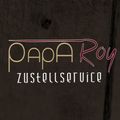 Das Bild zeigt das Logo für 'Papa Roy Zustellservice' mit einer stilisierten, eleganten Schrift in rot-braunem Farbschema auf dunklem Hintergrund.