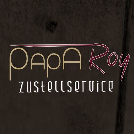 Das Bild zeigt das Logo für 'Papa Roy Zustellservice' mit einer stilisierten, eleganten Schrift in rot-braunem Farbschema auf dunklem Hintergrund.