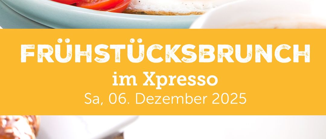Bild des Frühstücks mit Eiern, Avocado und Tomaten auf einem Teller mit der Textüberlagerung 'Fruhstucksbrunch im Xpresso'. Das Datum ist 6. Dezember 2025.