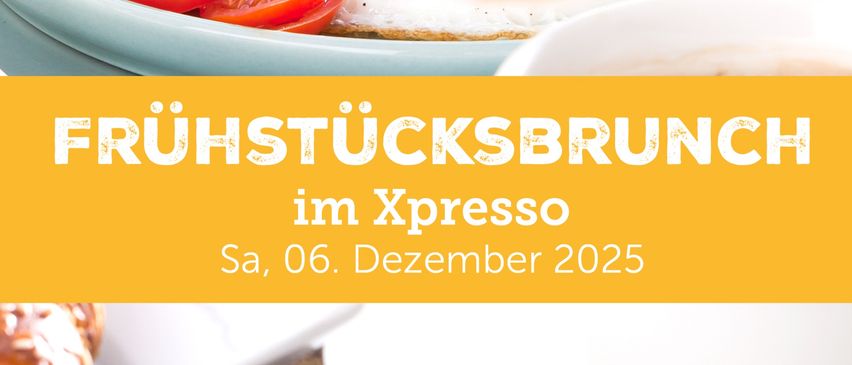 Bild des Frühstücks mit Eiern, Avocado und Tomaten auf einem Teller mit der Textüberlagerung 'Fruhstucksbrunch im Xpresso'. Das Datum ist 6. Dezember 2025.