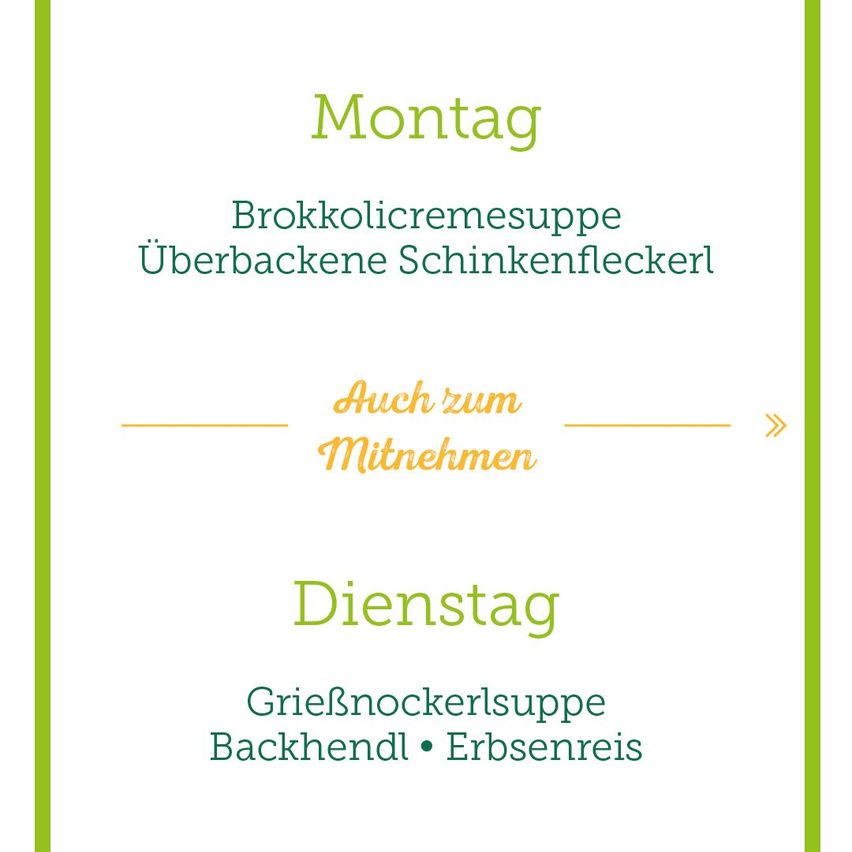A menu for Monday features broccoli cream soup with pork medallions. The menu for Tuesday offers gray knuckle soup with bacon and peas.
