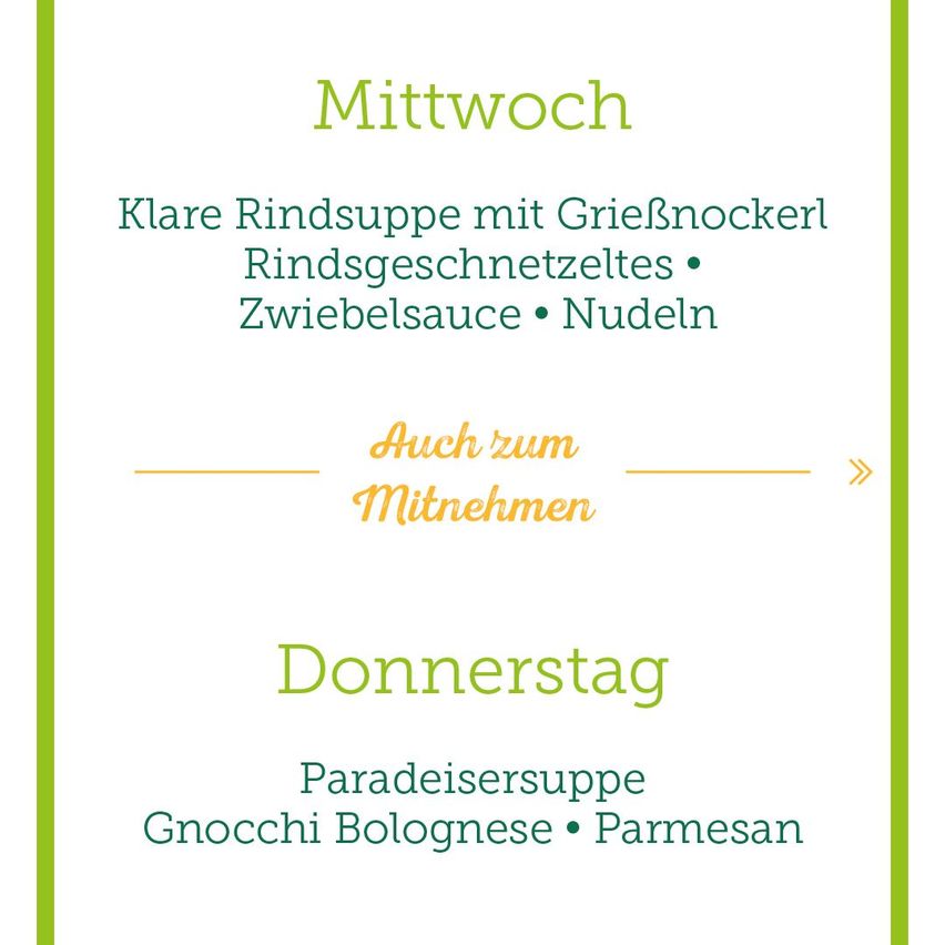 The menu features two options: on Wednesday, a clear beef soup with beef knuckle, beef slices, onion sauce, and noodles, and on Thursday, a heavenly soup with Gnocchi Bolognese and Parmesan.