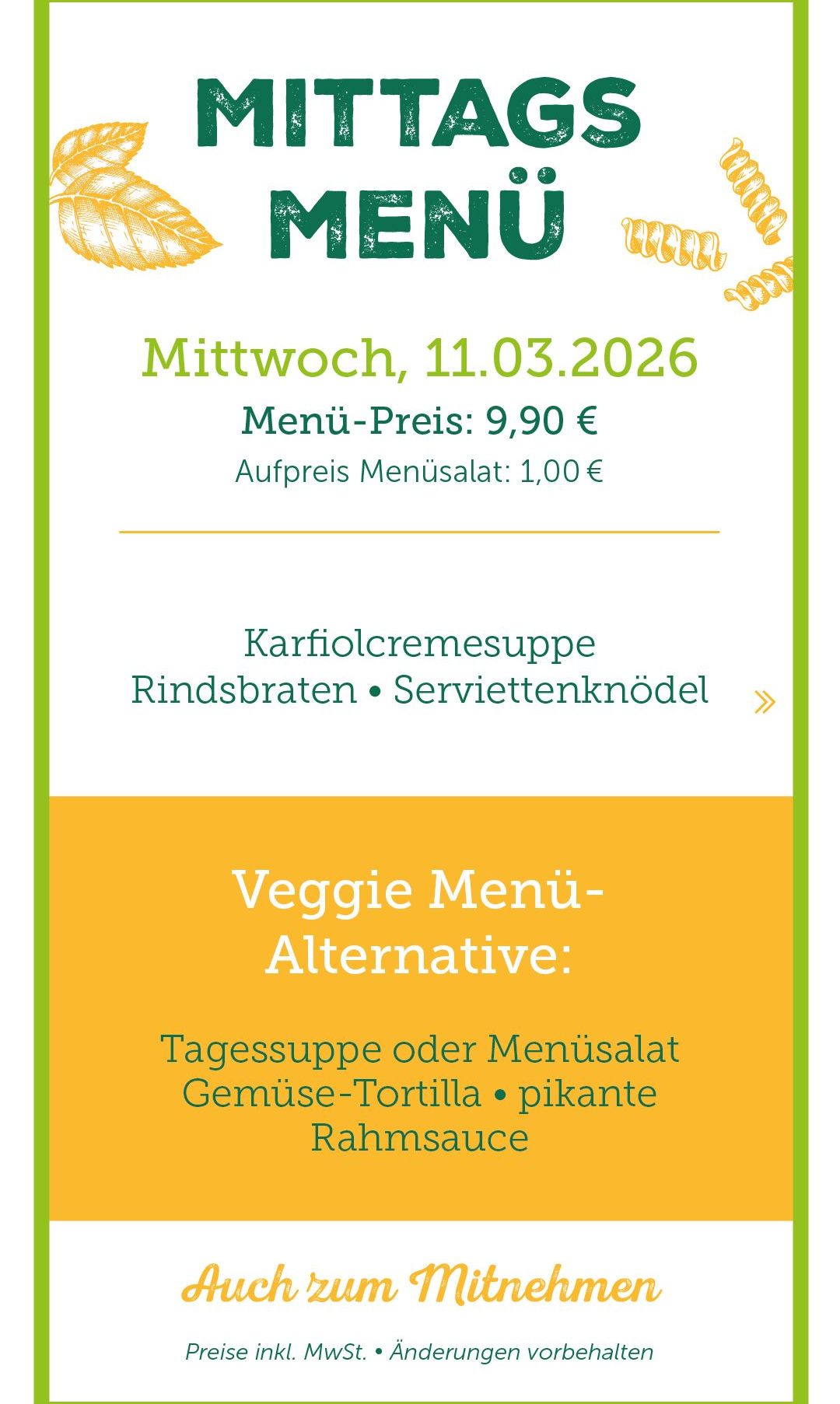 The menu for Wednesday, March 11, 2026, costs 9.90 euros. An additional 1.00 euro applies for the menu salad. It includes cauliflower cream soup, beef slices, and serviette knots.