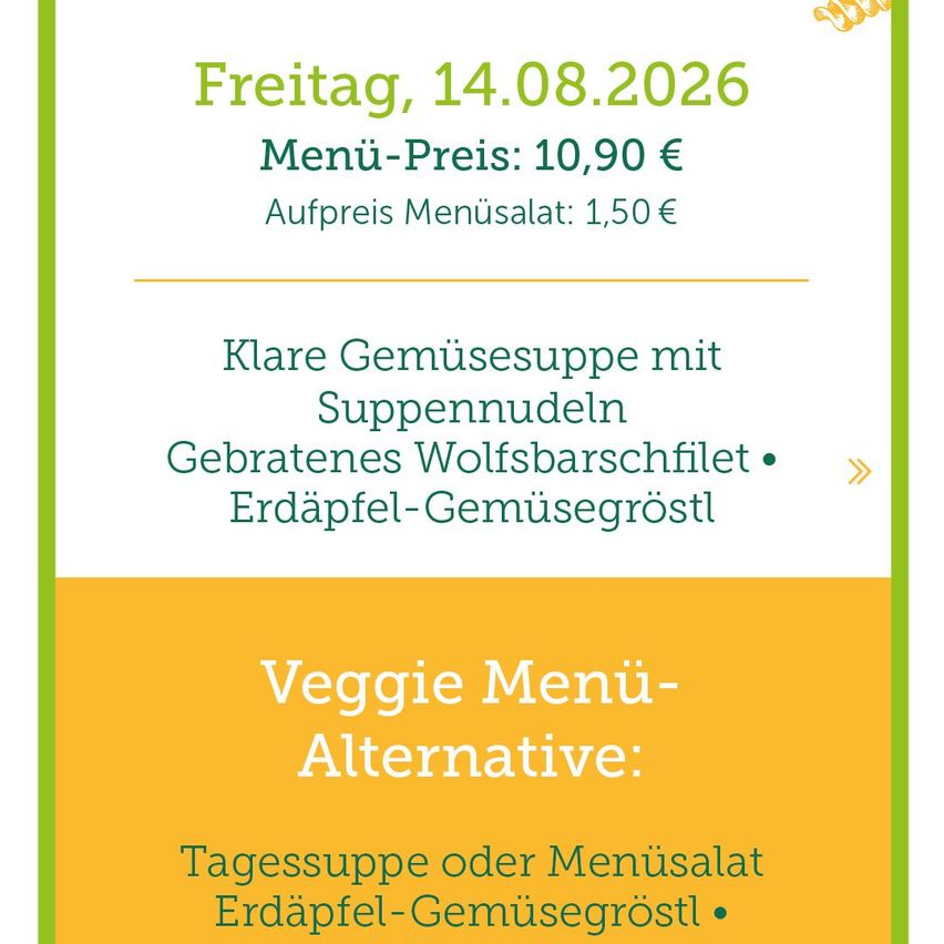 Menu for Friday, August 14, 2026. Main menu price is 10.90 euros. Additional menu salad costs 1.50 euros. Features clear vegetable soup with soup noodles, roasted wolfberry fillet, and potato-vegetable mash.