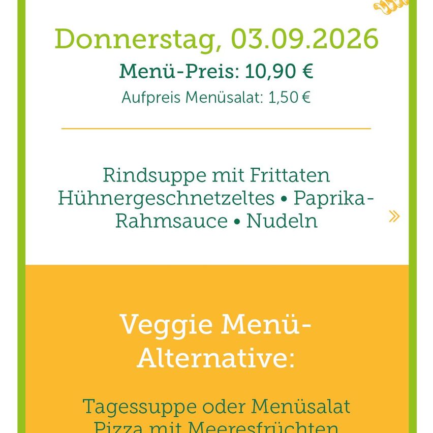 Ein Flyer für ein Restaurantmenü am Donnerstag, 03.09.2026. Der Menüpreis beträgt 10,90 €, mit einem Aufpreis von 1,50 € für den Menüsalat. Das Menü umfasst Rindersuppe mit gebratenem Hühnchen, Paprika und Nudeln.
