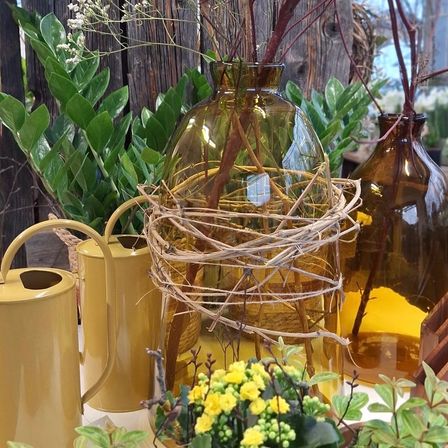 Ein Tisch mit verschiedenen Pflanzen und Vasen, darunter eine große gelbe Vase mit einem Weidenkorb, umgeben von gelben Gießkannen und kleinen Topfpflanzen.