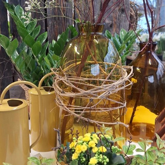 Ein Tisch mit verschiedenen Pflanzen und Vasen, darunter eine große gelbe Vase mit einem Weidenkorb, umgeben von gelben Gießkannen und kleinen Topfpflanzen.