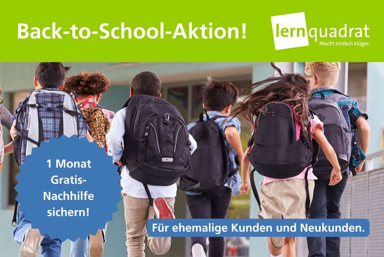 Gruppe von Kindern mit Rucksäcken, die auf ein Schulgebäude zulaufen. Das Bild hat einen grünen Hintergrund mit weißen Texten. Der Text lautet 'Monats-Tathilfe' und 'Für ehemalige Kunden und Neukunden!'.