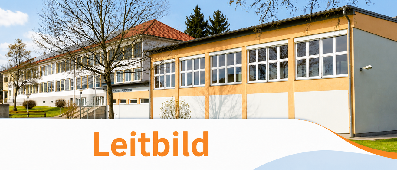 Ein klarer Tag mit einem Gebäude mit rotem Dach und Glasfenstern vor einem Baum. Das Wort 'Leitbild' ist in großen orangefarbenen Buchstaben unter dem Bild geschrieben.